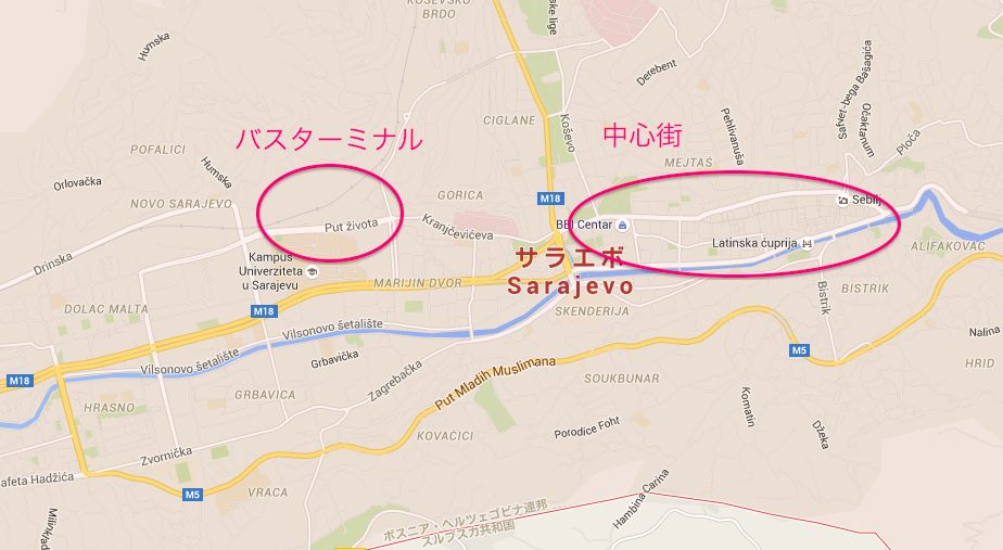 サラエボの地図。バスターミナルと中心街の位置関係